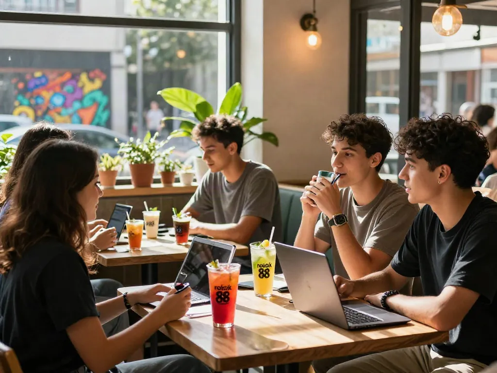 Friends enjoying 'rokok 88' drinks at a trendy café.