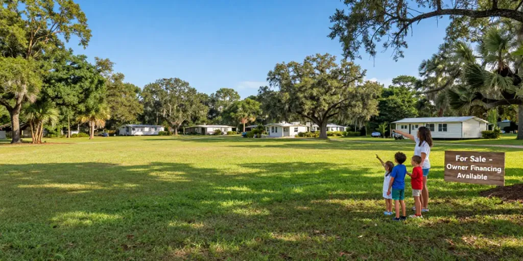 Putnam County land for sale with family discussing building opportunities on a sunny day.