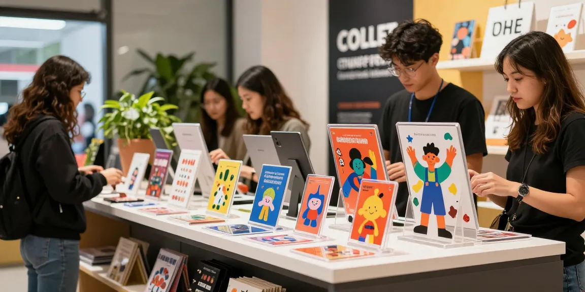 Custom acrylic standee displayed in a vibrant retail space with shoppers exploring unique designs.