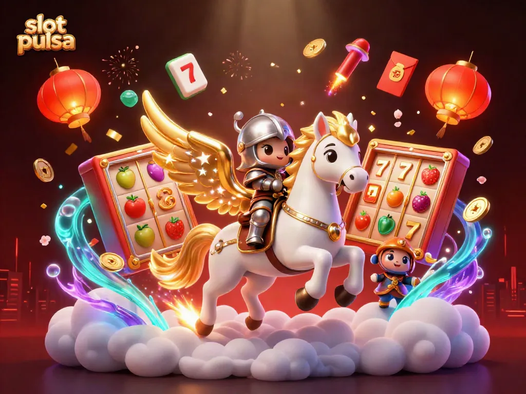 Ilustrasi slot pulsa dengan karakter berkuda dan elemen kasino lainnya untuk menarik pemain.