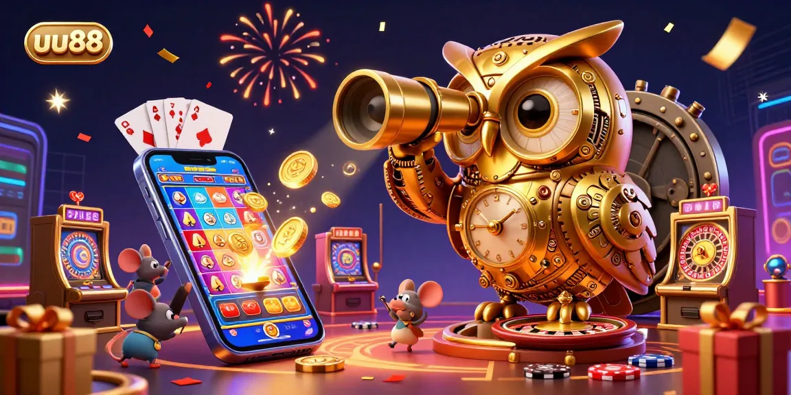 Experience the vibrant uu88 casino scene with golden owl, joyful mice, and colorful game elements.