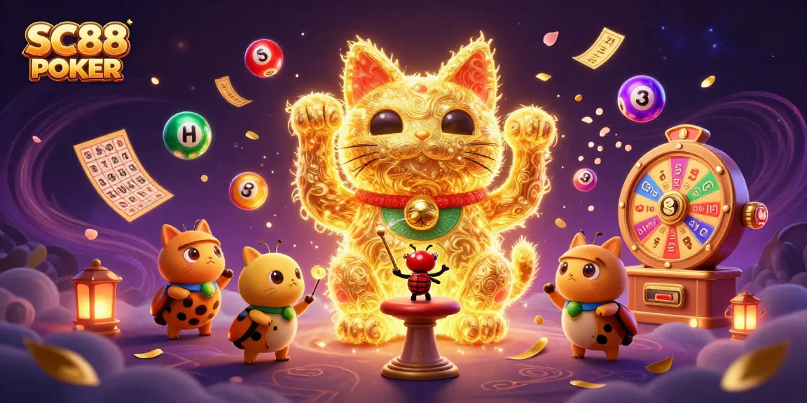 Experience the thrill of SC88 POKER with a vibrant 3D illustration featuring a lucky cat and dynamic casino elements.