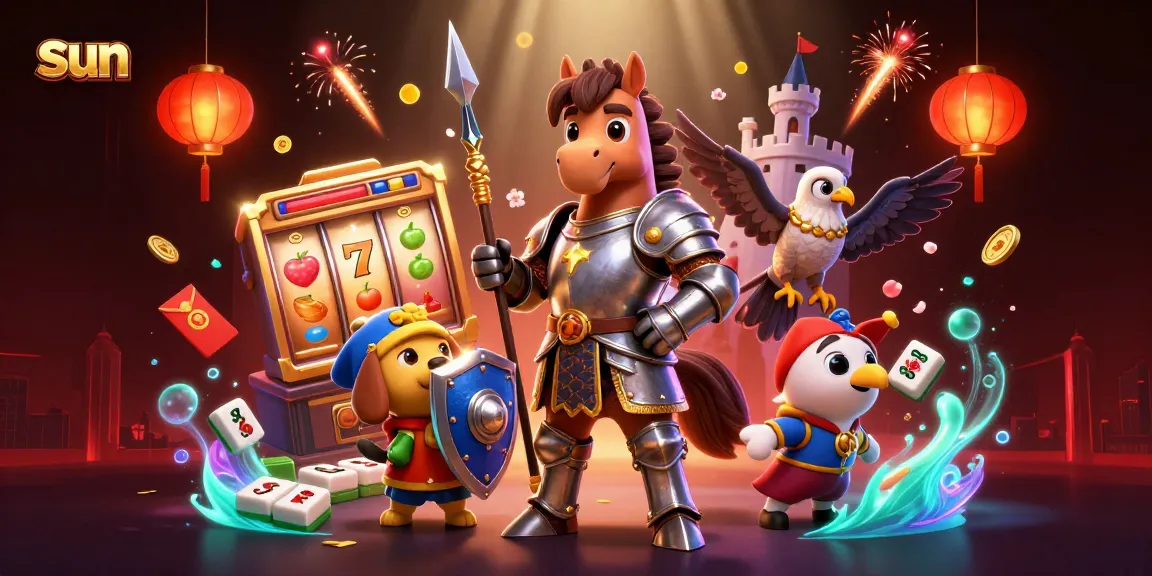 Spin slots with "sun" in a vibrant 3D scene featuring knight, puppy, and falcon.