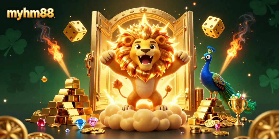 myhm88 vibrant casino illustration featuring a roaring sun lion, gold coins, and dynamic game elements.