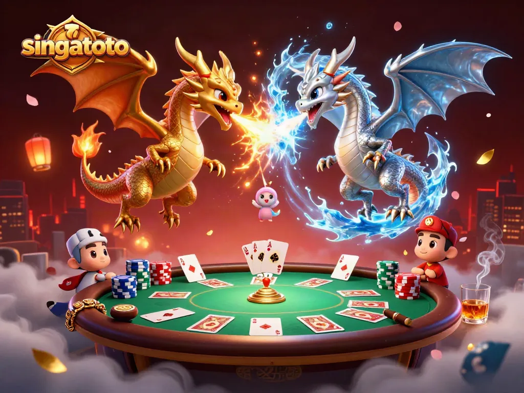 Experience thrilling gameplay at singatoto with dragon duo unleashing fire and ice amidst vibrant poker action.