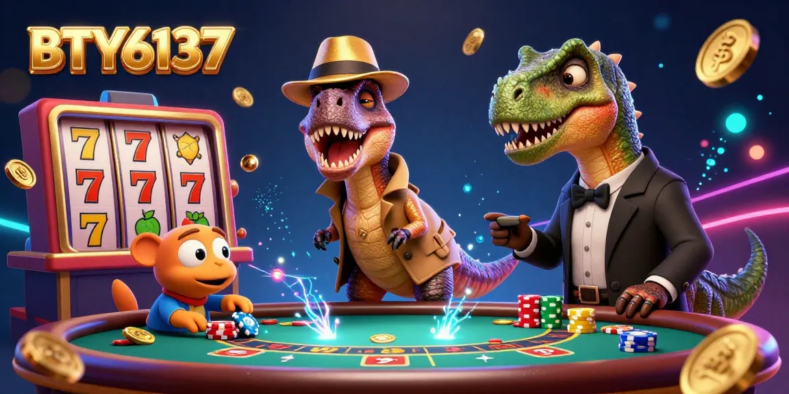 Experience the thrilling animation of BTY6137 with a velociraptor card counter at a blackjack table.