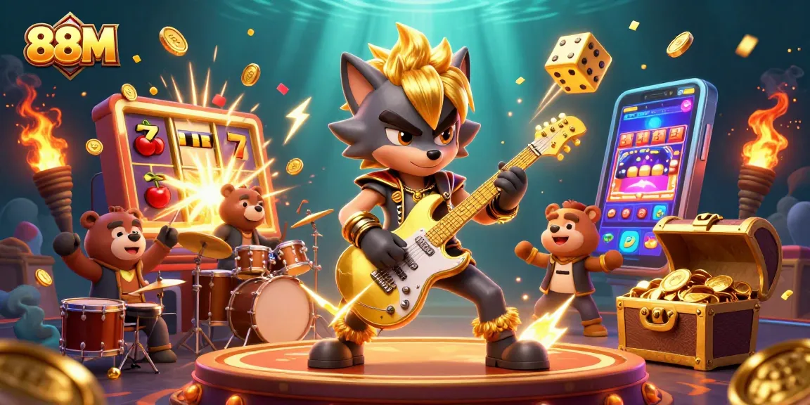 Experience the thrill of 88M with a rock star wolf and a drummer bear in a vibrant casino scene.