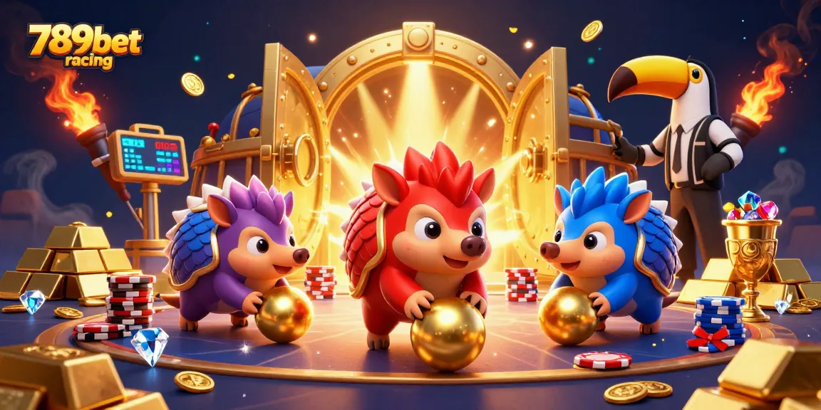 Experience the thrill of 789bet racing with vibrant pangolins bowling through poker chips in a dynamic casino scene.