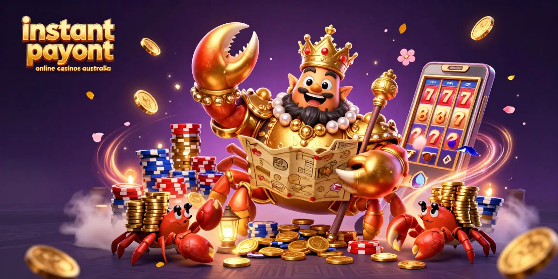 Experience instant payout online casinos Australia showcased with a whimsical golden crab emperor and vibrant casino elements.