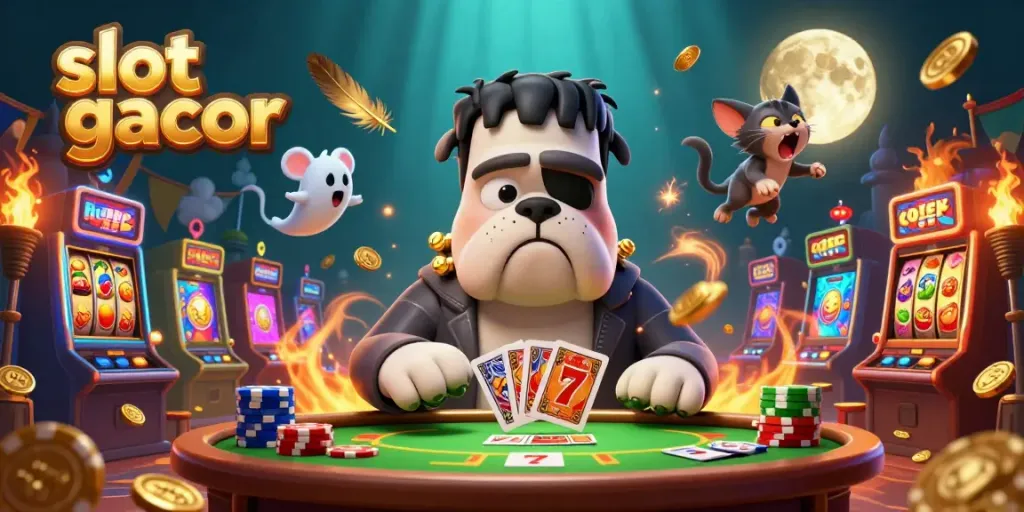 Ilustrasi kasino menakjubkan "slot gacor" dengan karakter kartun dan elemen permainan.