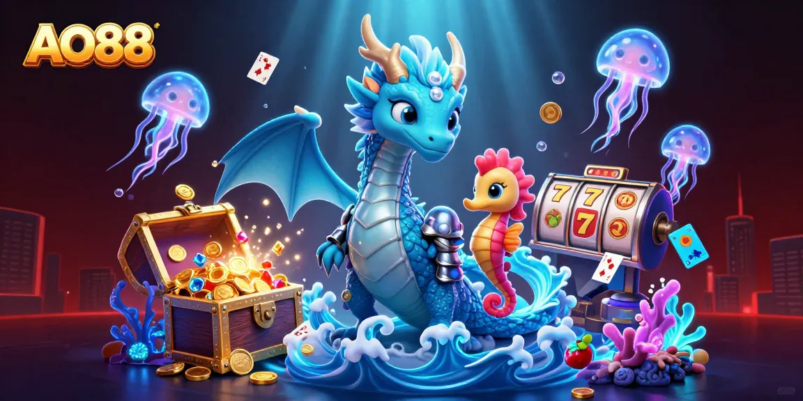 AO88 vibrant casino-themed illustration featuring a dragon, seahorse knight, and floating slot reels.