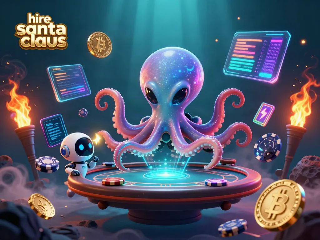 Engage in the excitement of hiring Santa Claus near me, depicted by a playful alien octopus at a holographic poker table.