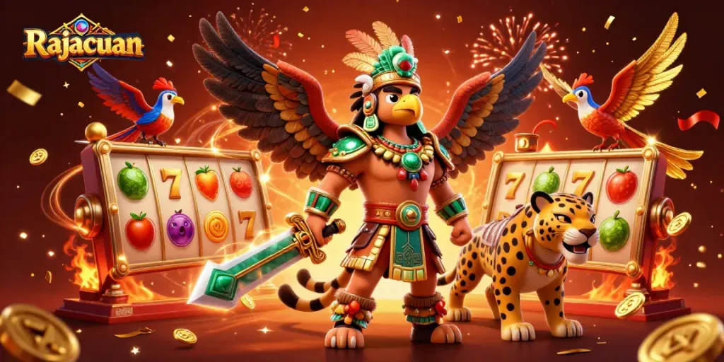 Engage with Rajacuan's vibrant slot experience highlighted by a dynamic Aztec scene.