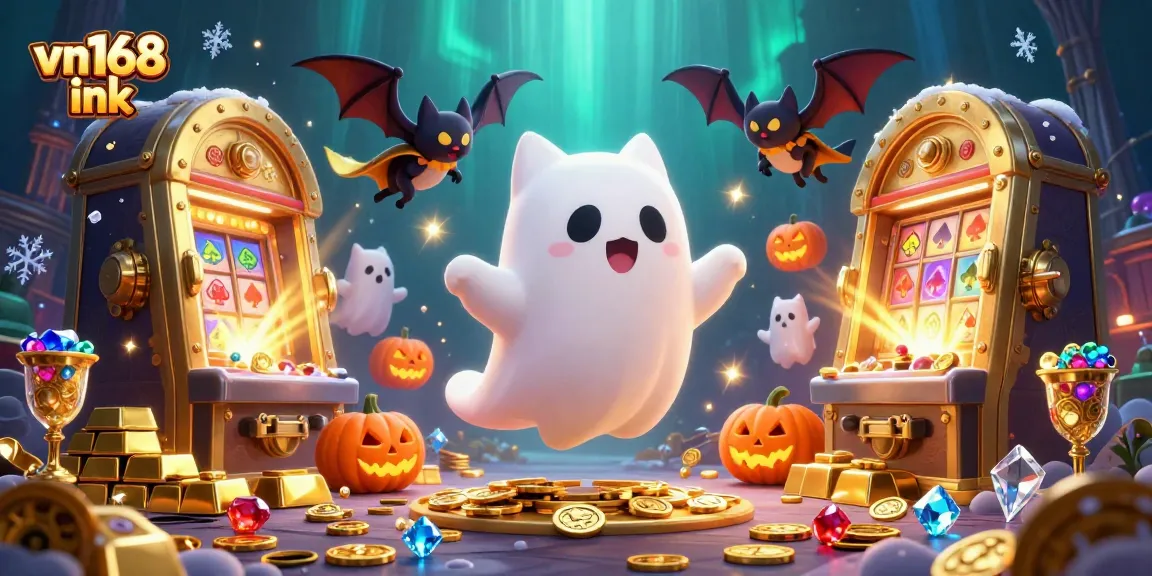 Experience the excitement of vn168 ink with a friendly ghost cat in a vivid casino scene full of treasures.