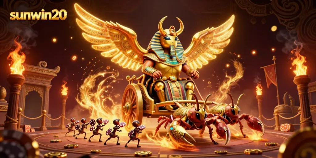 Experience thrilling bets with sunwin20 in a vibrant 3D casino illustration featuring a colossal beetle and scorpions.