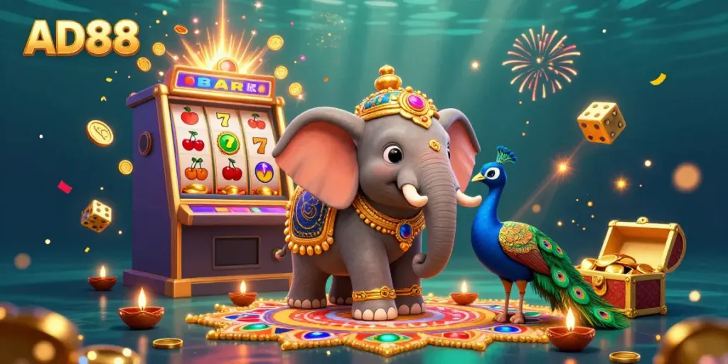 Experience big wins with AD88 in a vibrant casino scene featuring a jackpot explosion and lively characters.
