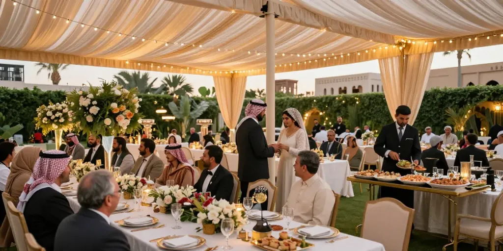 Event rentals at an elegant outdoor wedding in Saudi Arabia, showcasing beautifully draped tents and floral arrangements.