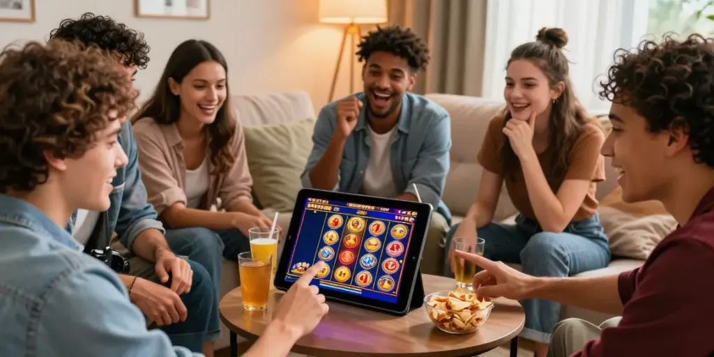 Friends enjoying a thrilling slot online experience together on a tablet.