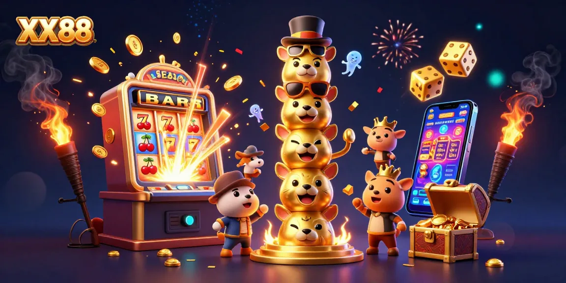 Experience vibrant gameplay at XX 88 with a dynamic casino scene featuring thrilling jackpots and fun symbols.