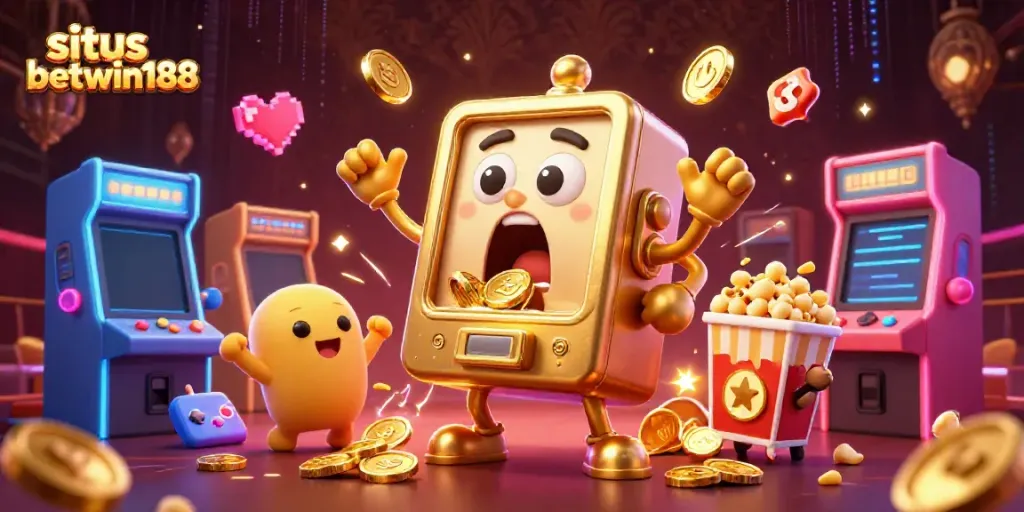 Akses situs betwin188 dengan ilustrasi mesin slot kartun dan elemen kasino berwarna-warni yang menarik