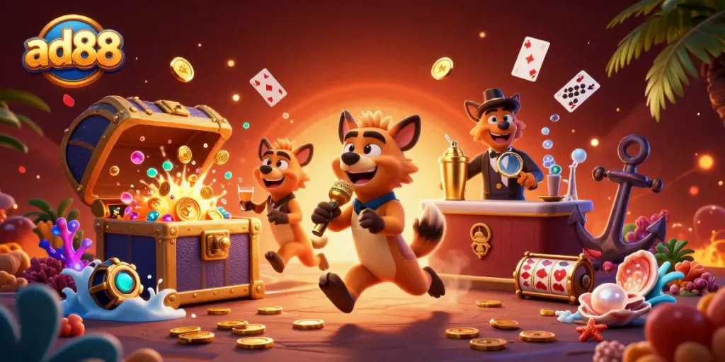 Join the fun at ad88's vibrant casino club where hyenas mix drinks and tell jokes!