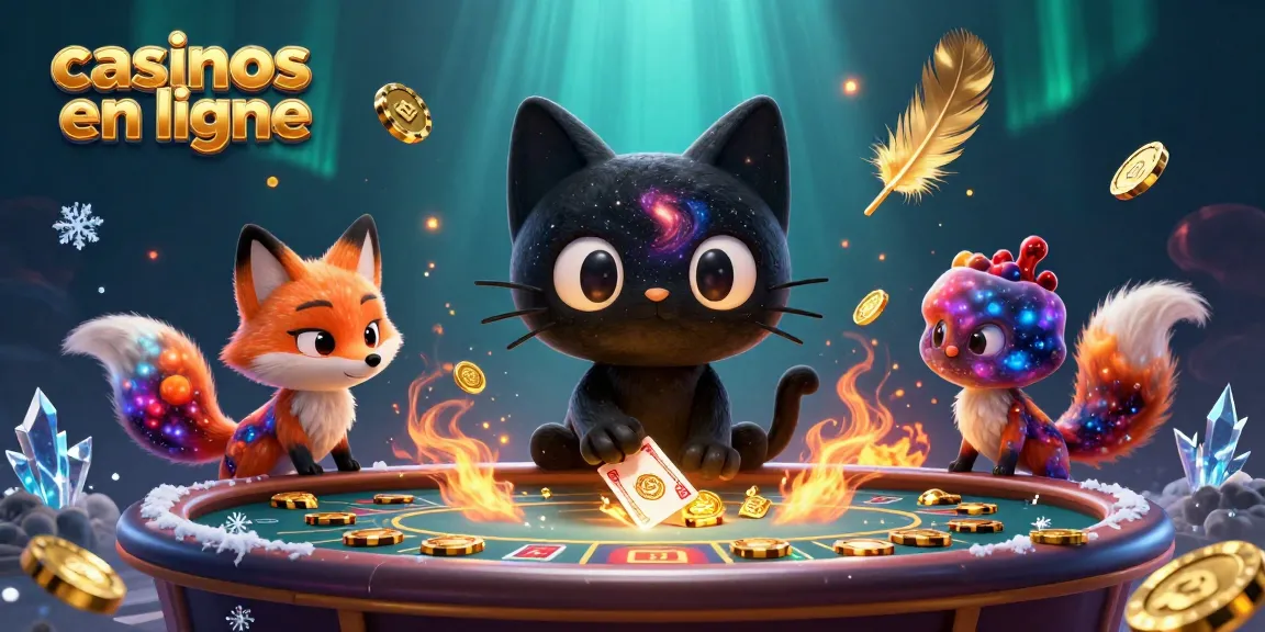 Une illustration dynamique des casinos en ligne avec un chat noir de trou noir et un renard nébuleux attirant des jetons et cartes d'or.