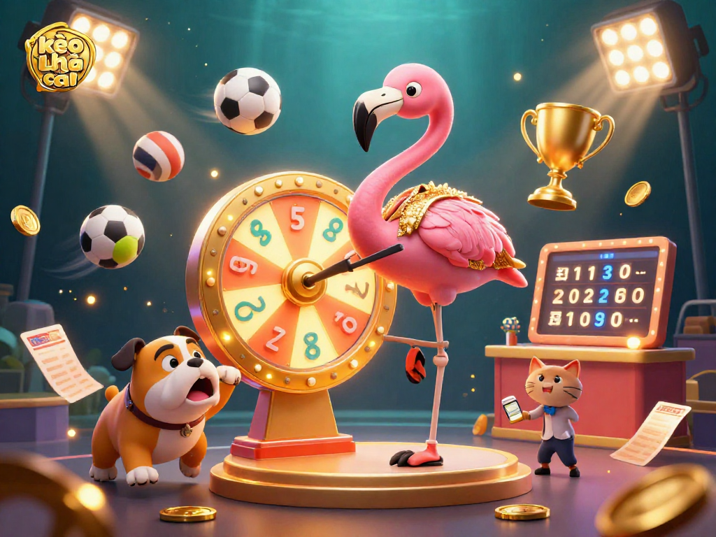 Engaging scene with kèo nhà cái game show having flamingo host, bulldog contestant, and scoreboard assistant.
