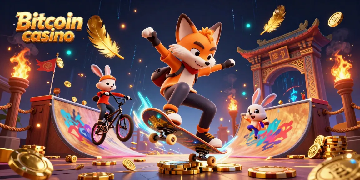 Illustration d'un casino Bitcoin avec un renard skateboard faisant un kickflip et un lapin BMX.