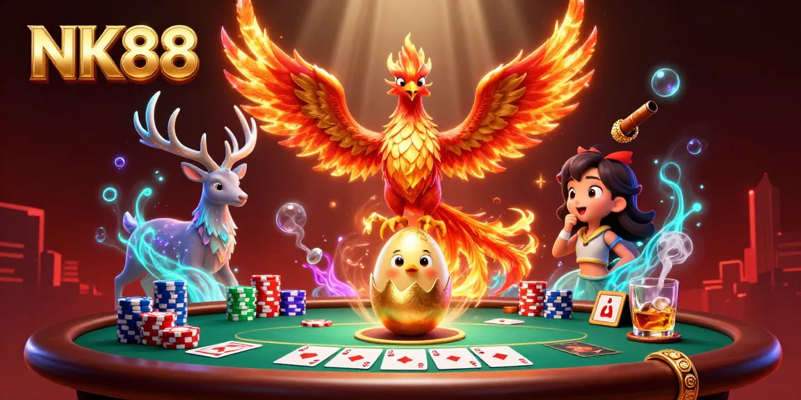 Experience NK88 through a vibrant scene with a phoenix and poker elements surrounded by dynamic casino action.