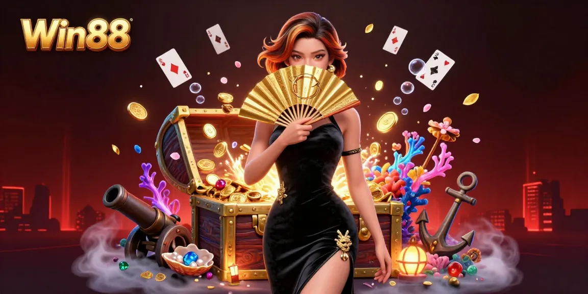 Experience thrilling moments at Win88 with captivating Asian elegance, surrounded by vibrant casino elements.