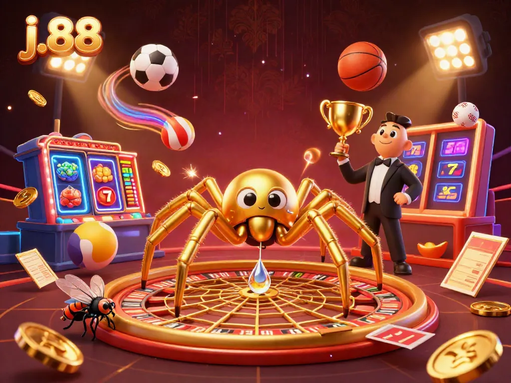 Engaging illustration of j.88 featuring a golden spider casino scene with dynamic betting elements.