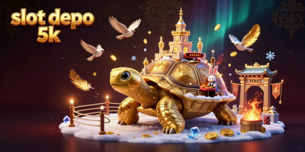 Experience exciting gameplay with slot depo 5k at this vibrant casino illustration featuring a golden tortoise and a rabbit dealer.
