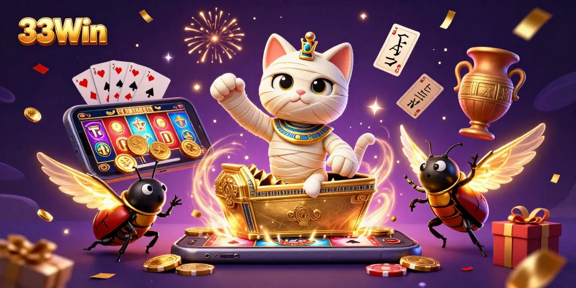 Experience the exciting world of 33Win with a casino-themed Egyptian mummy illustration bursting with action.