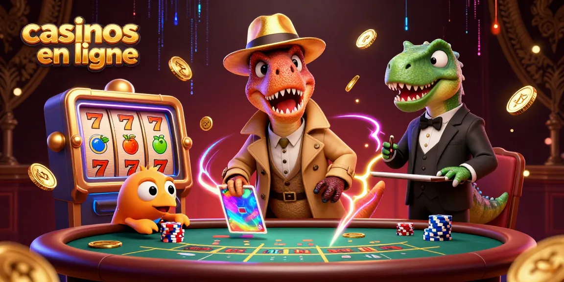 Casinos en ligne : un velociraptor intriguant à une table de blackjack, entouré d'éléments de casino dynamiques.