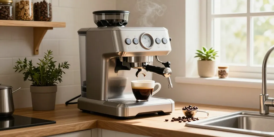 Rokok88 daftar espresso machine in stylish kitchen, barista brewing coffee.