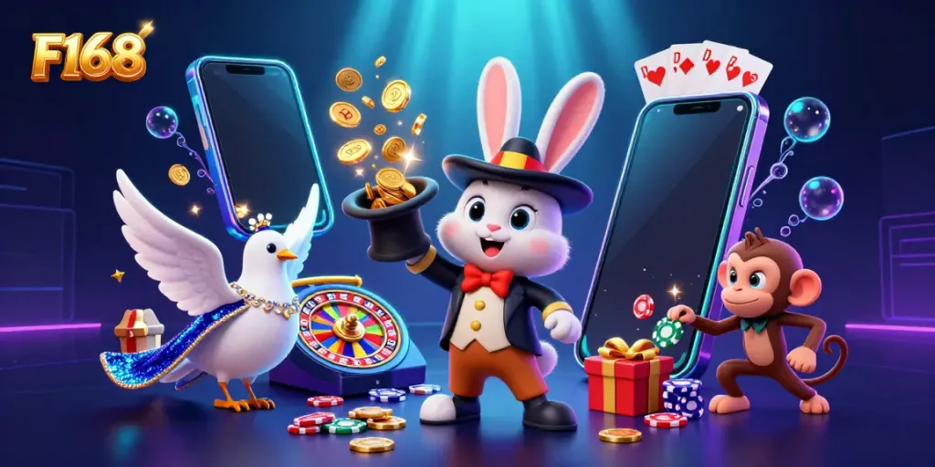 Engage with F168's enchanting scene showing a magician rabbit conjuring treasures in a vibrant casino atmosphere