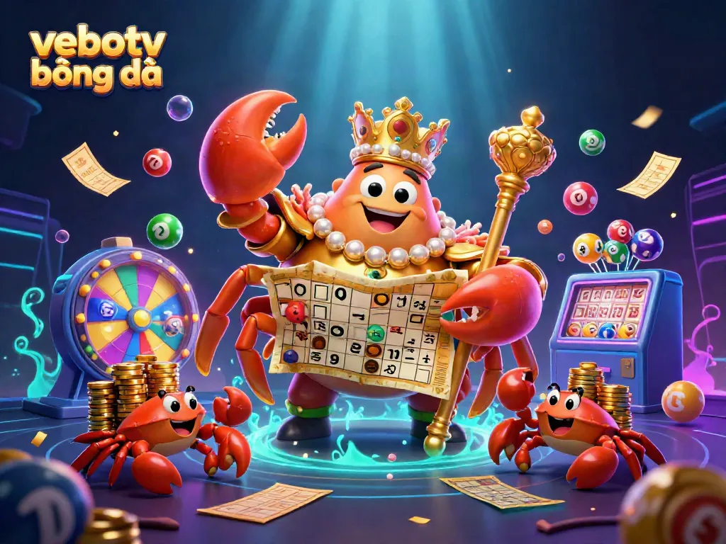 Experience vebotv bóng đá with a golden crab emperor amidst vibrant gambling elements in a stunning 3D scene.