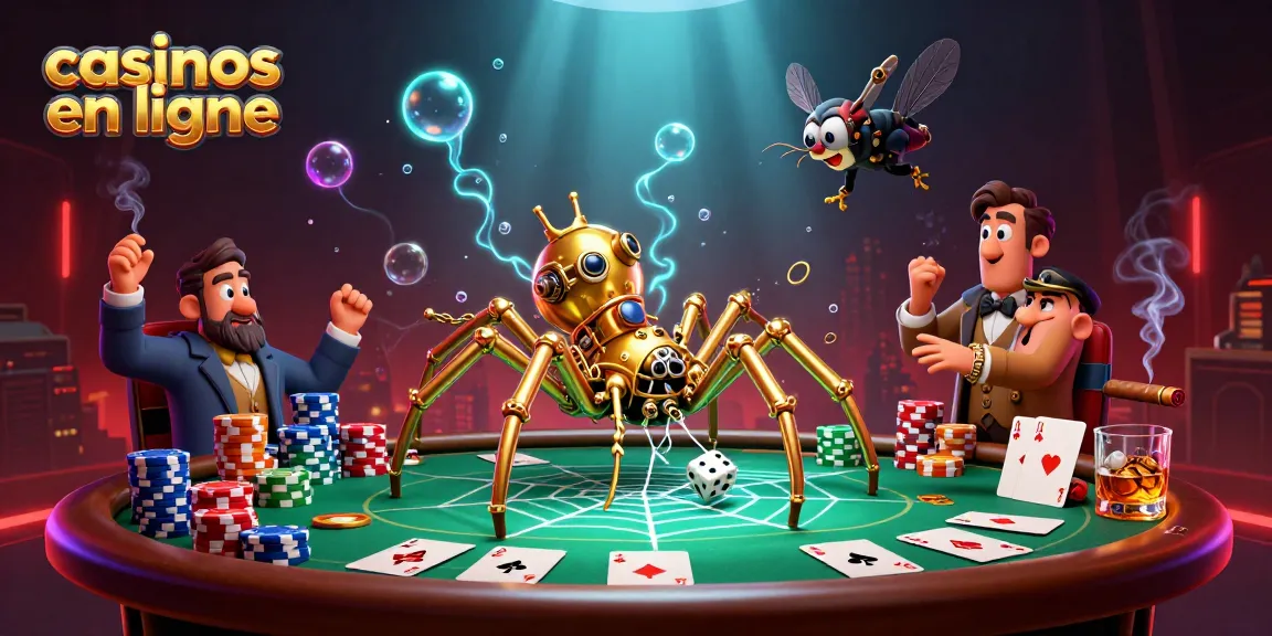 Jouez aux casinos en ligne avec une illustration animée où une araignée dorée crée une toile complexe de jetons.