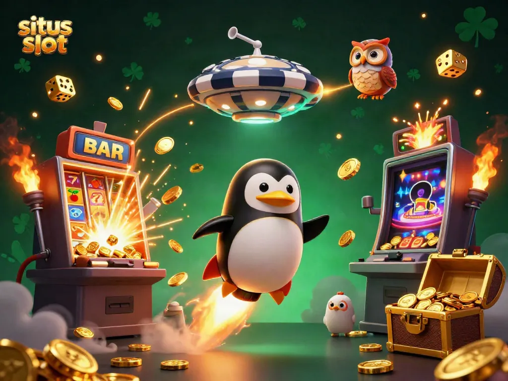 Experience the excitement of the situs slot universe with a golden penguin soaring towards a jackpot-filled casino.