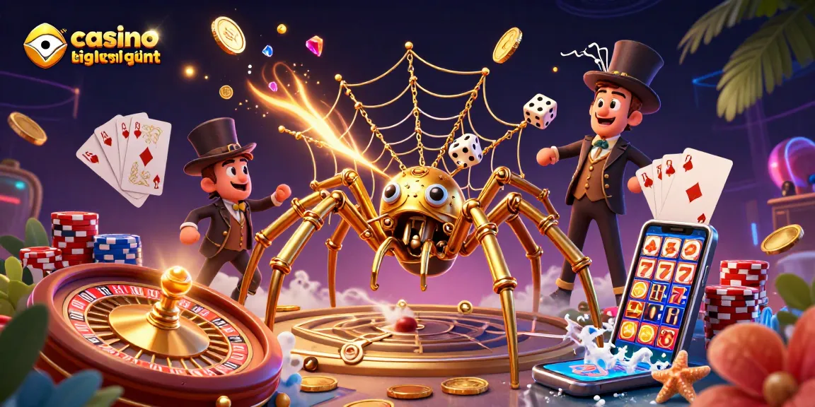 Capturant l'action dans un casino en ligne le plus payant, une illustration dynamique montre une araignée en fer steampunk tissant des chaînes dorées.