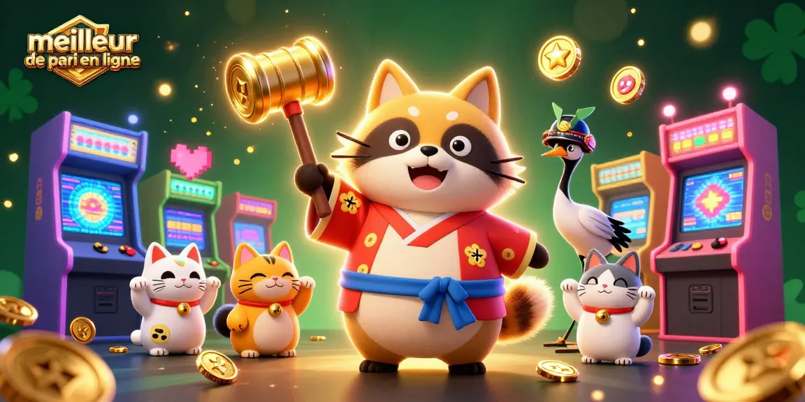 Illustration 3D d'un tanuki heureux et un oiseau grue, représentant le meilleur site de pari en ligne avec des éléments de jeux dynamiques.