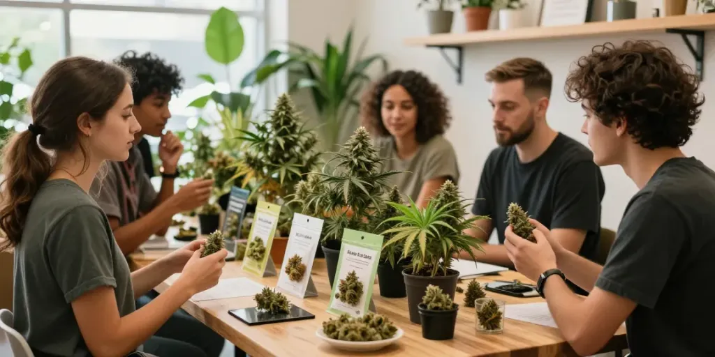 Engaging cannabis marketplace with Alien Labs Atomic Apple showcased among various strains, inviting atmosphere.