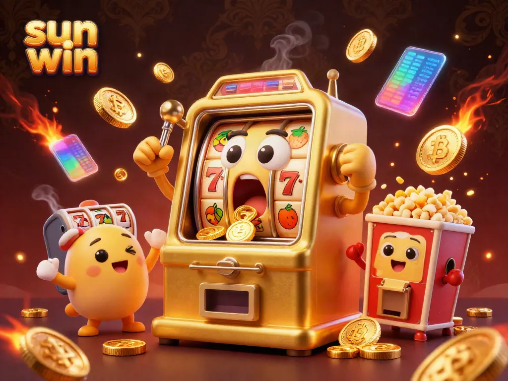 Engage with the epic jackpot of sun win, featuring a lively golden slot machine celebrating a big win.