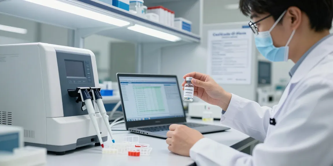 Research peptide US in a clinical lab with a scientist analyzing HPLC data and holding a vial, emphasizing quality assurance.