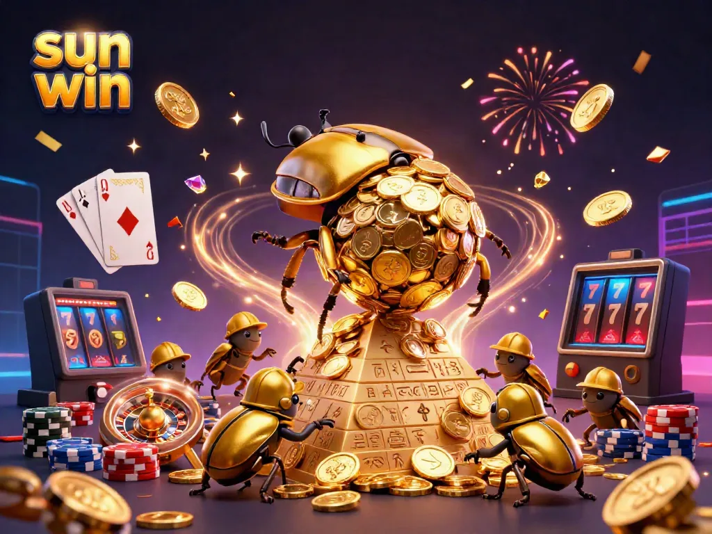Experience the thrill of gaming at sun win with a vivid 3D scene featuring golden beetles, casino elements, and dynamic energy.