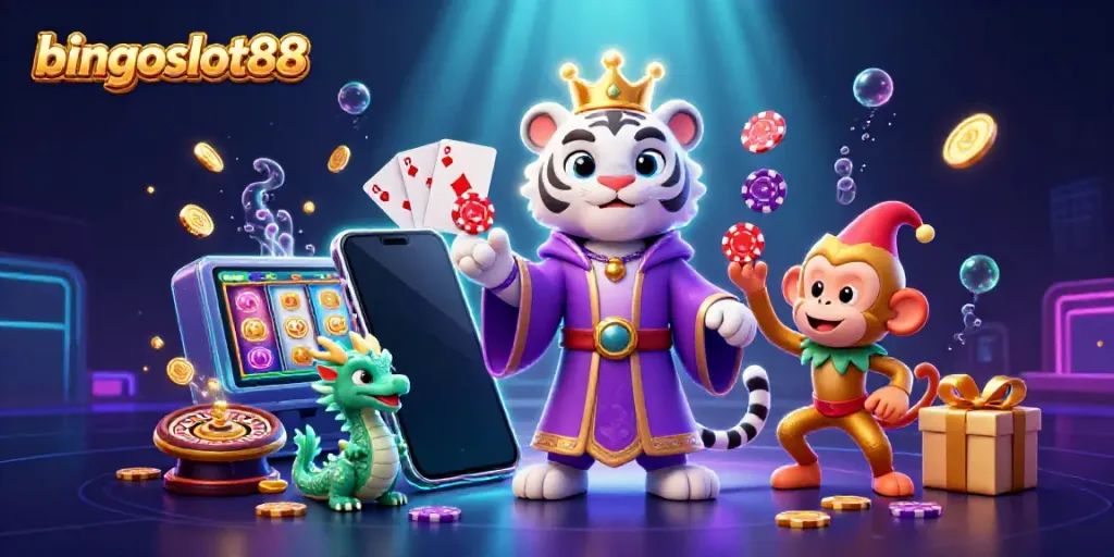 Permainan bingoslot88 yang seru dengan harimau putih, monyet, dan naga dalam ilustrasi 3D.