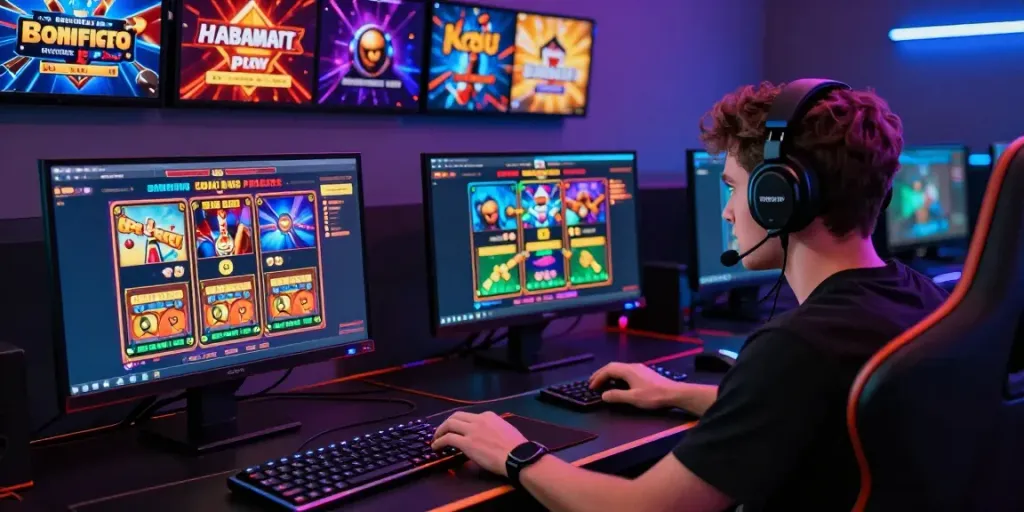 Engaging online player enjoying slot online games with colorful visuals and ambient lighting.